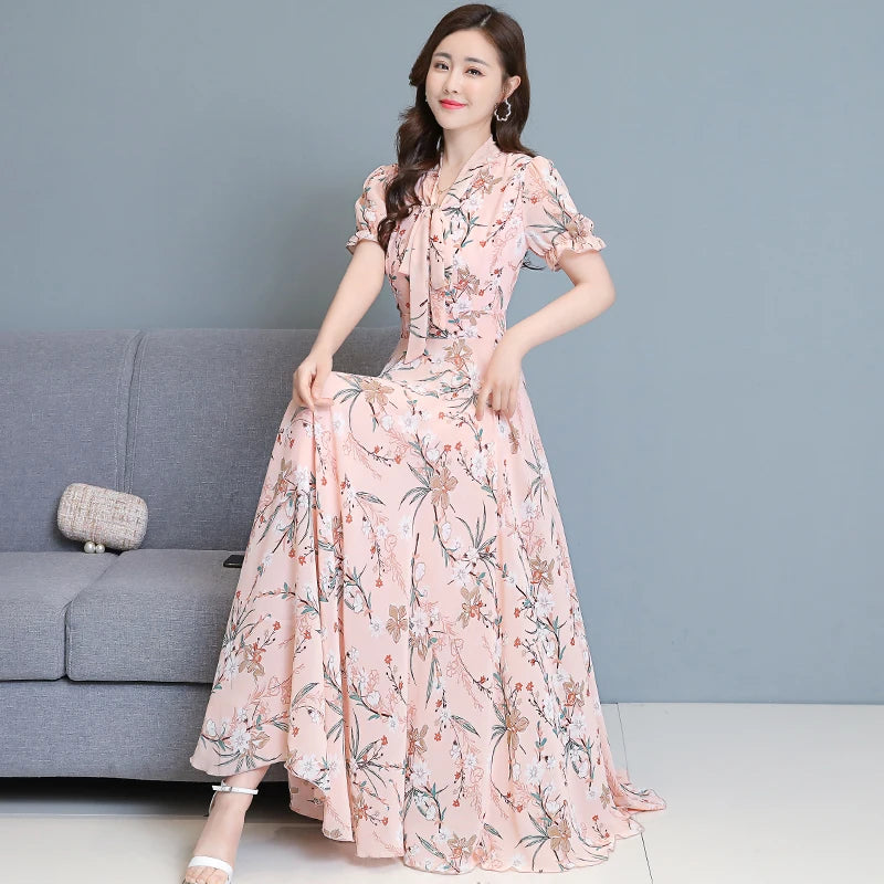 Bohemian Dresses For Women 2023 Fashion Elegant Short Sleeve Holiday Beach Chiffon Maxi Dress Yellow Vintage Floral Long Dress