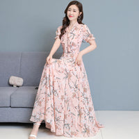 Bohemian Dresses For Women 2023 Fashion Elegant Short Sleeve Holiday Beach Chiffon Maxi Dress Yellow Vintage Floral Long Dress