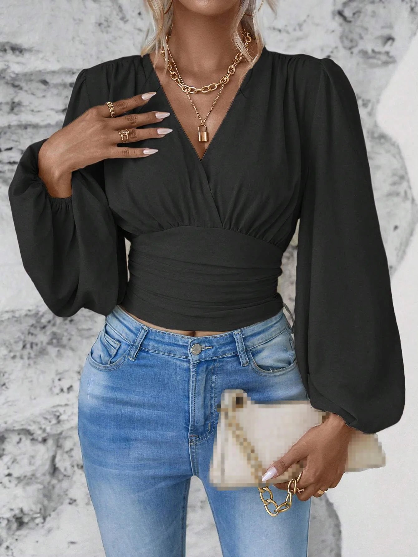 2024 Women's Spring Autumn New Fashionable Waist Collection Sexy V-neck Bag Sleeve Solid Color Wrinkled Long Sleeve Top