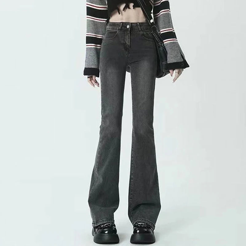 Summer Flared Jeans Women Cotton Vintage Blue Denim Pants Streetwear Elastic High Waist Slim Harajuku Trousers