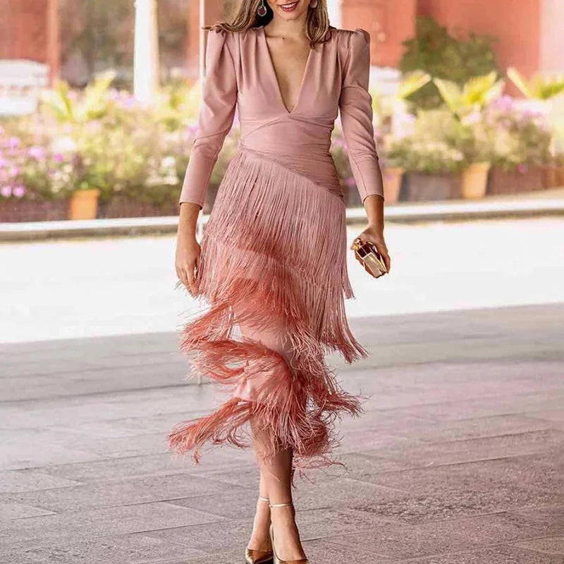 Autumn Long Sleeve Spliced Tassel Party Dresses Woman Elegant Deep V Neck Sheath Long Dress Fashion Solid Pleated Bohemian Dress