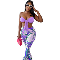 Bandage Two Piece Set Women Outfits Sexy Lace Up Tube Crop Top + Prints Flare Pants Skinny Club Sets Summer Casual Tracksuit y2k