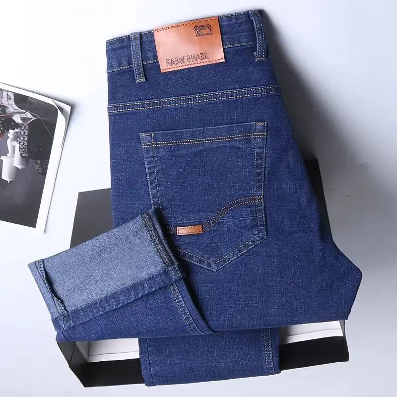 2025 New Brand Washed Jeans Trousers Four Season Men's High Quality Jeans Business Casual High Waist Denim Pants