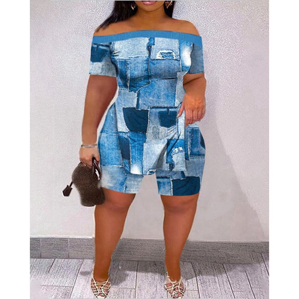 Casual Summer Women Tie Dye Print Off Shoulder Hem Split Top & Shorts Sets Short Sleeve 2 piece Suit Sets Outfits Streetwear