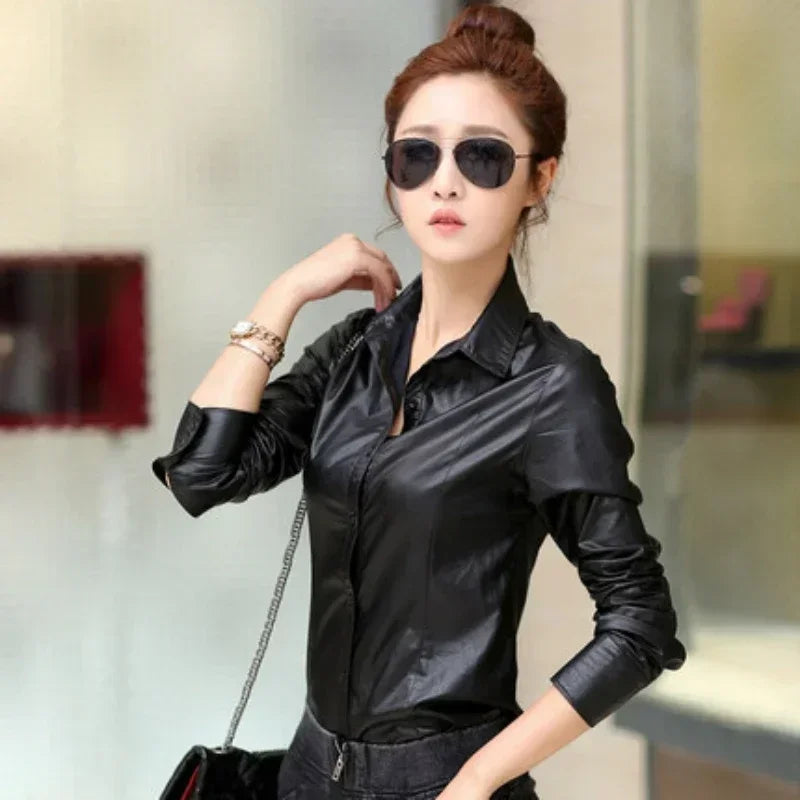 Women Blouses Spring New Shirt Temperament Slim Thin Long-sleeved  tops Women Shirts PU Leather Shirt Big Size Women Tops M2365