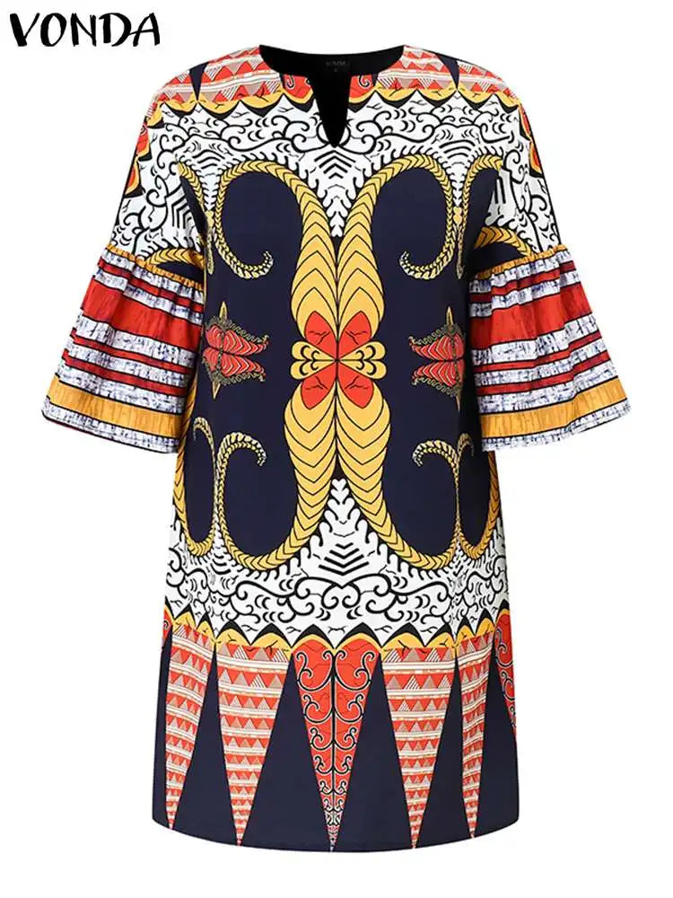 Plus Size 5XL VONDA Women Dress 2024 Fashion O-neck Elegant Mini Dresses Casual Half Flared Sleeve Sundress Bohemian Vestidos