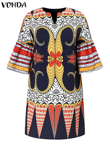 Plus Size 5XL VONDA Women Dress 2024 Fashion O-neck Elegant Mini Dresses Casual Half Flared Sleeve Sundress Bohemian Vestidos