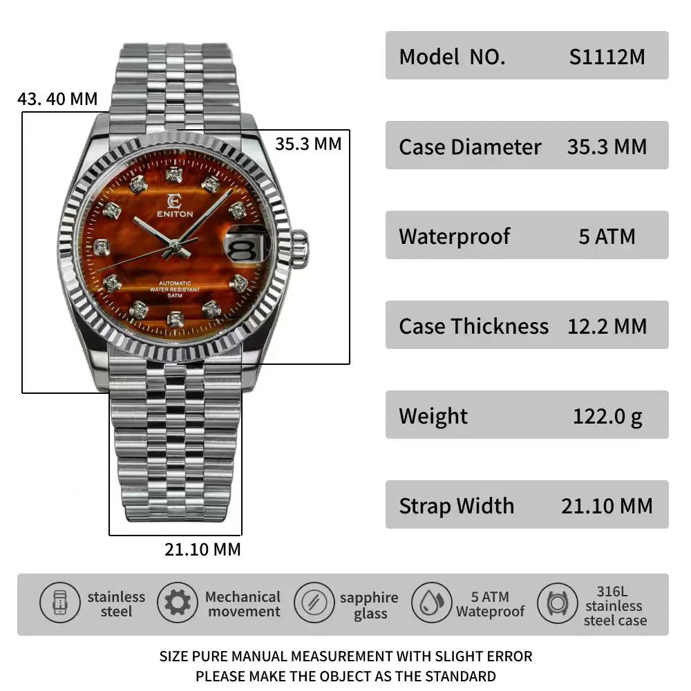 Eniton 36mm Men's Stainless Steel Watch with Peacock Stone Tiger Eye Dial NH35 Movement Mechanical Watch