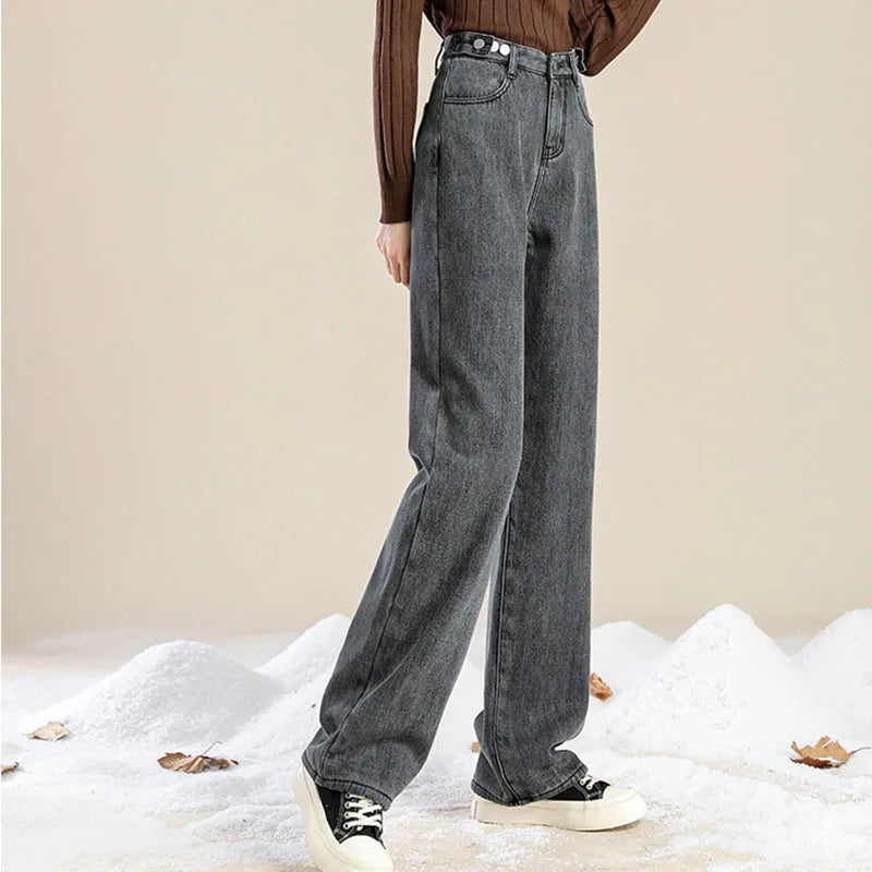 Plus Velvet Denim Pants for Women Autumn Winter New Thickened Baggy Straight Jeans Ladies Casual Versatile Wide Leg Trousers