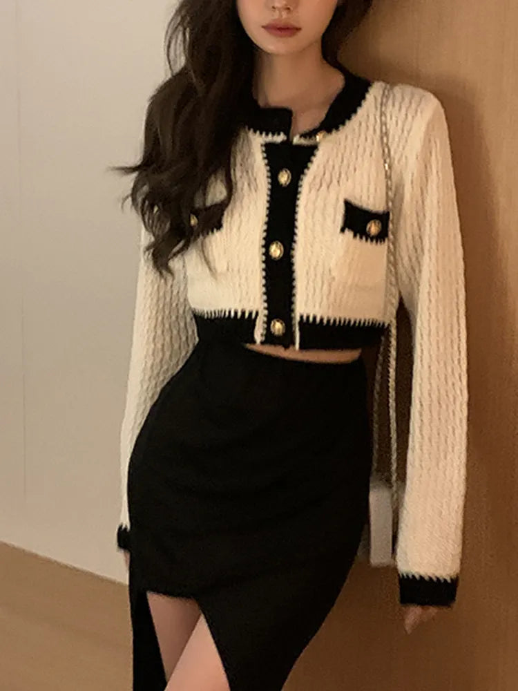 Casual Cardigan Women Long Sleeve Button Slim Y2k Crop Tops Office Lady Knitted Sweater Korean Fashion Clothing 2022 Autumn Chic