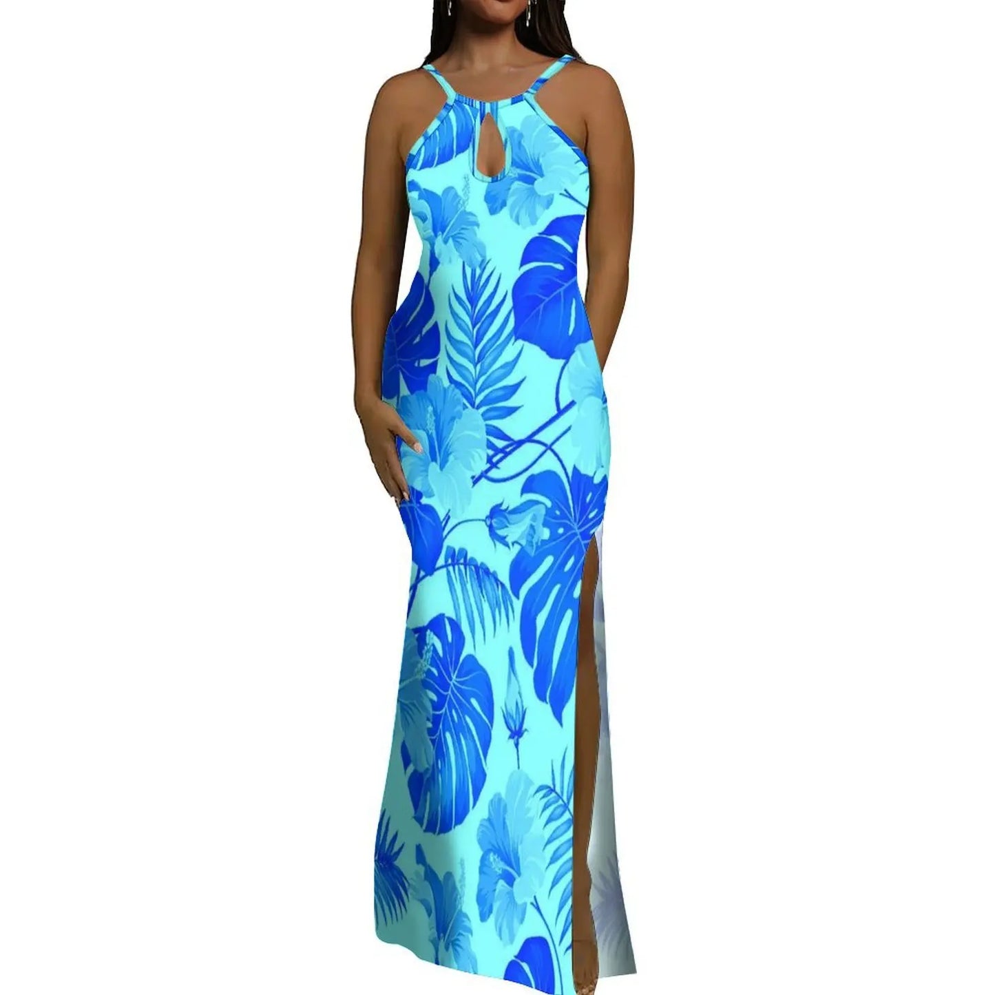 Halter Water Drop Floor-Length Dress For Polynesian Ladies Custom-Made Floral Pattern Evening Dress Stunning Summer Dress