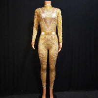 Elegant Pearls Long Sleeves Jumpsuit Sexy Elatic Women Singer Outfit Birthday Celebrate Evening Party Wear