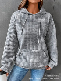 Autumn 2023 Solid Casual Loose Fitting Hooded Long Sleeved Patchwork Waffle Sweater for Women
