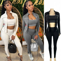 FAGADOER Autumn New Fashion Sports 3 Piece Sets Woman Outfit Stripe Patchwork Long Sleeve Zipper Tops + Pants Female Streetwear