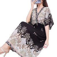 Women Beach Dress V-neck Printed Tight Waist Lady Summer Dress Half Sleeves Swomen Maxi Dress Lady Summer Dress Female Clothes