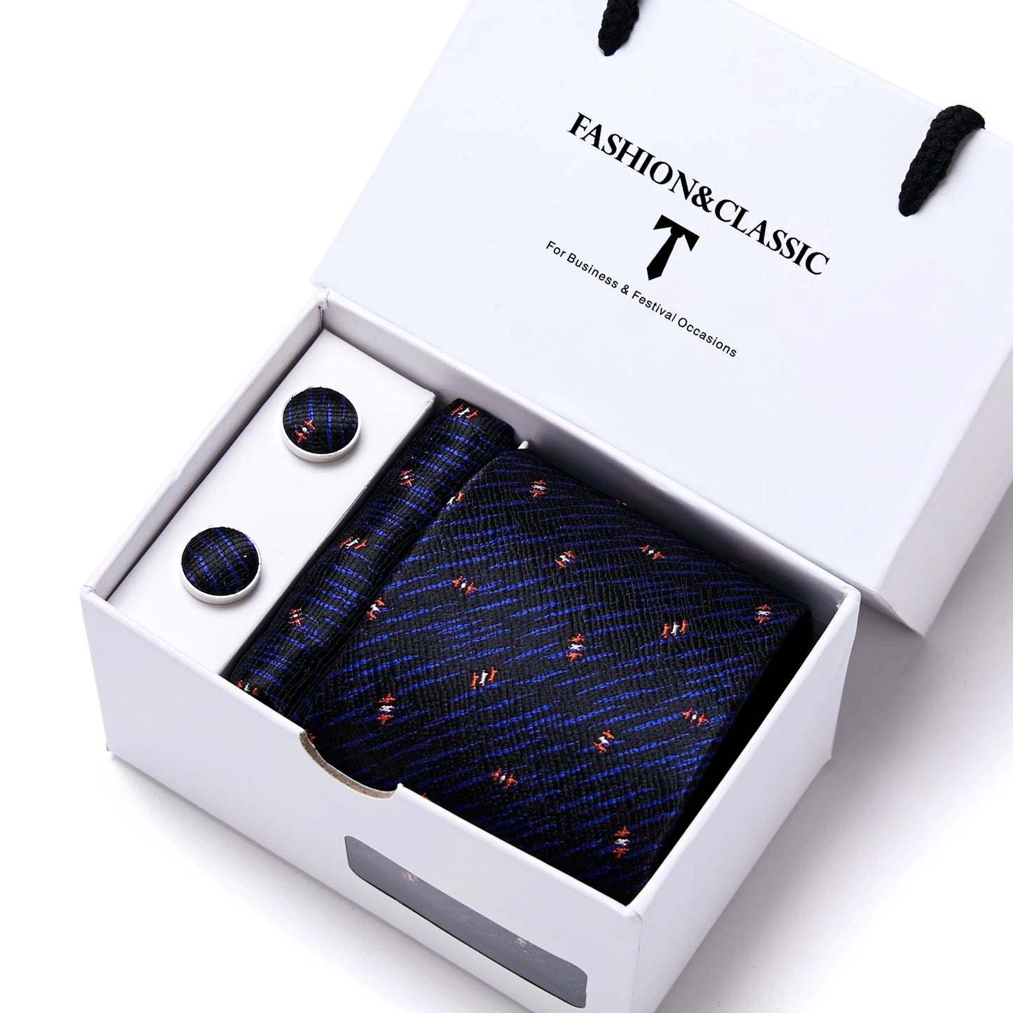 High Quality 7.5 cm Stripe Blue Tie Pocket Square Cufflinks Set For Men Gift Box Wedding Gravatas Fit Workplace