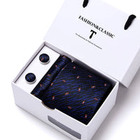 High Quality 7.5 cm Stripe Blue Tie Pocket Square Cufflinks Set For Men Gift Box Wedding Gravatas Fit Workplace