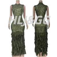 HLJ Sexy Sequin Patchwork Bodycon Dresses for Woman Mesh Shining Sleeveless Ruffle Dress Female Party Clubwear Vestidos 2025 New
