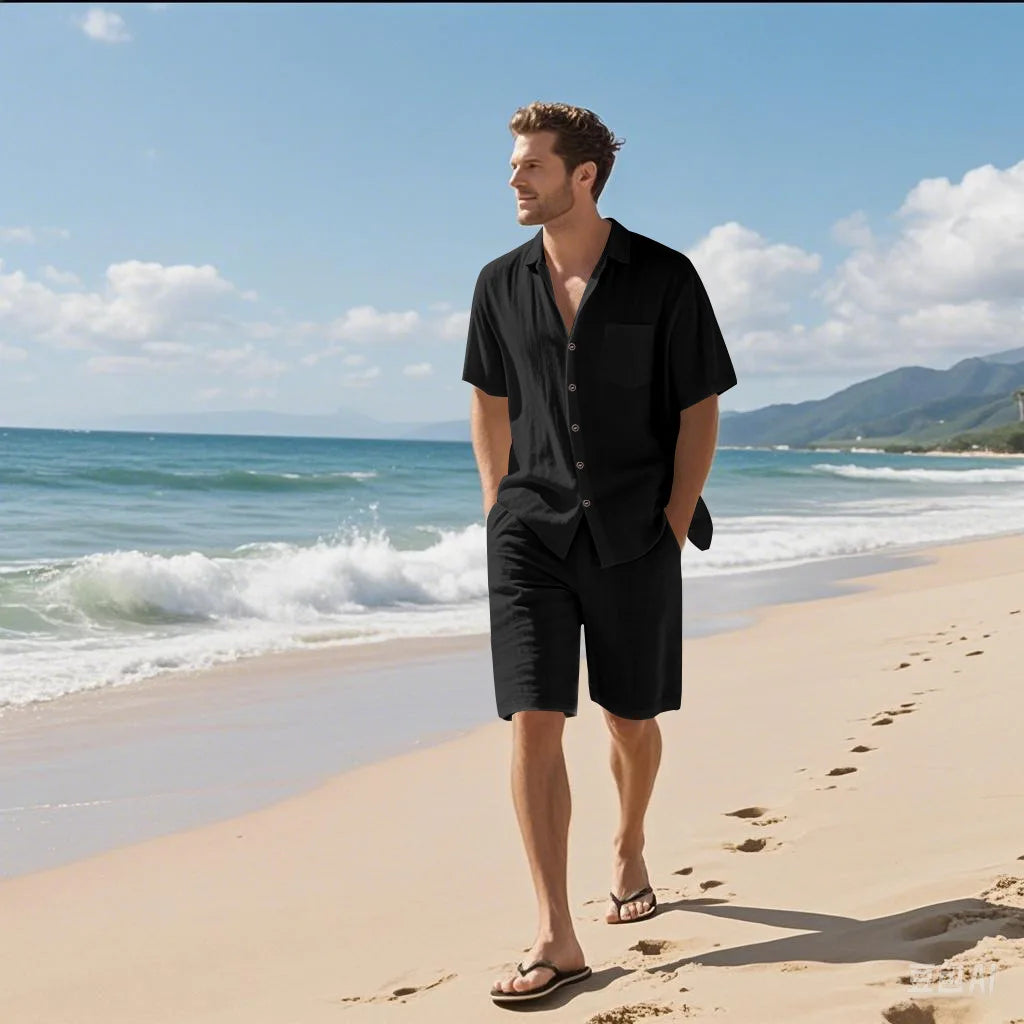 Summer men's solid-color linen beach suit, lapel button short-sleeved shirt paired with drawstring shorts, casual 2-piece set