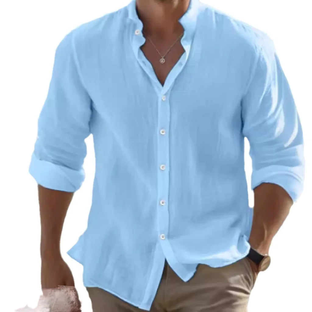 Men's Linen Button-down Shirt for Men Summer Beach Shirt Long Sleeves Plain Stand-up Collar, Spring/summer Casual Everyday Wear