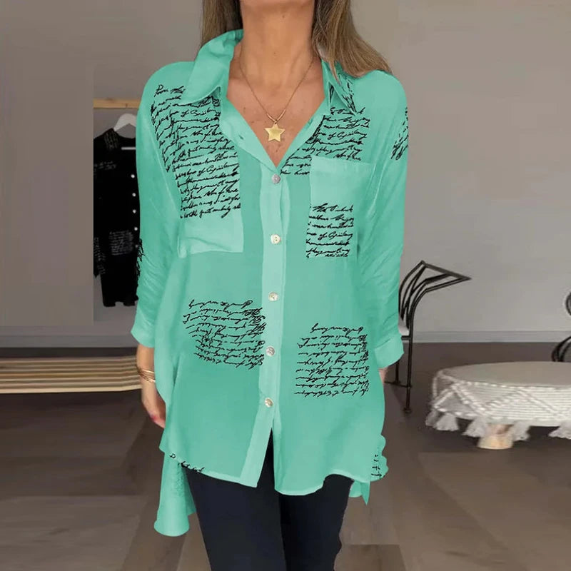 Women Fashion Button Shirt Blouses 2024 Turn Down Collar Long Sleeve Letter Print Shirts For Women Casual Loose Office Shirts