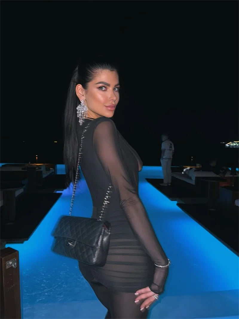 Blifanbo Sexy Deep V Mesh Long Sleeve Jumpsuit  Women Autumn Double Layer Patchwork Ruched Bodycon Jumpsuit Rompers New 2025