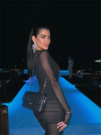 Blifanbo Sexy Deep V Mesh Long Sleeve Jumpsuit  Women Autumn Double Layer Patchwork Ruched Bodycon Jumpsuit Rompers New 2025