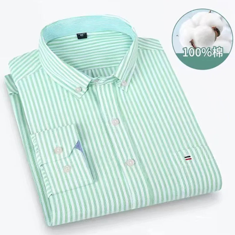 Men's Versatile Casual Checkered Oxford Cotton Shirts Single Pocket Long Sleeve Standard-fit Button Down Gingham Striped 7XL 6XL