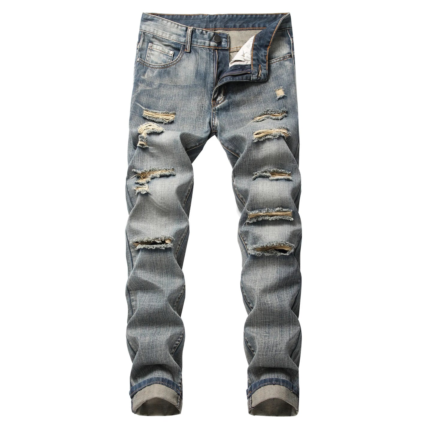 Mens Ripped Jeans Straight Slim Elasticless Tattered Trousers Autumn Streetwear Fashion Male Large Size Denim Pants