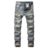 Mens Ripped Jeans Straight Slim Elasticless Tattered Trousers Autumn Streetwear Fashion Male Large Size Denim Pants
