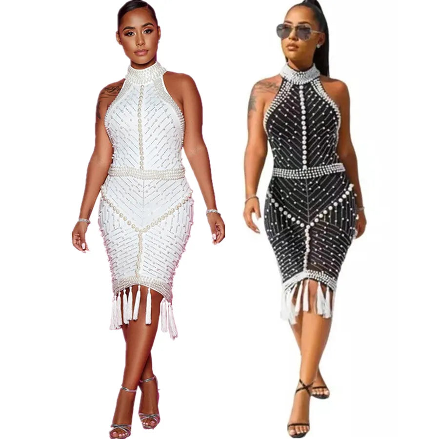 2022 White Black Tassel Beaded Sexy Sleeveless Cocktail Party Dresses For Women Summer Fashion Backless Dinner Club Midi Dress