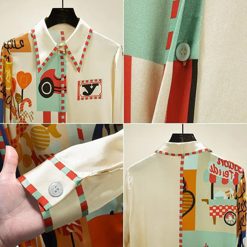 Spring and Autumn high-end shirt, women's elegant chiffon long-sleeved lapel printed top