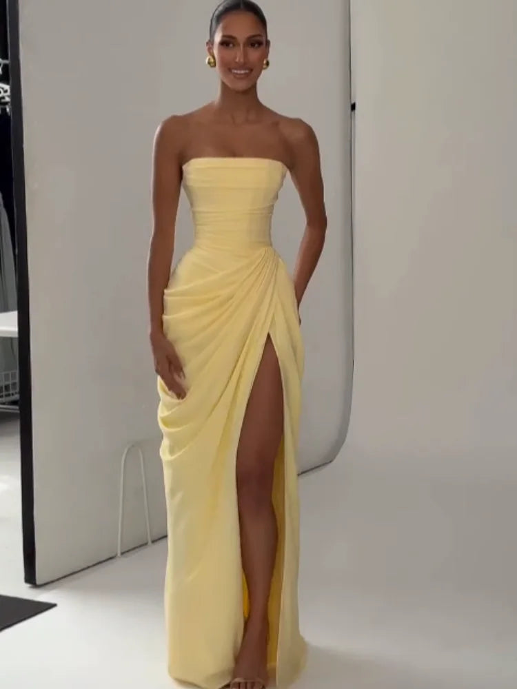 Elegant Yellow Strapless Pleated Long Dress Women Chic Solid Sleeveless Waist Cinching Split Gown 2026 Lady Evening Party Robe