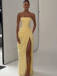 Elegant Yellow Strapless Pleated Long Dress Women Chic Solid Sleeveless Waist Cinching Split Gown 2026 Lady Evening Party Robe