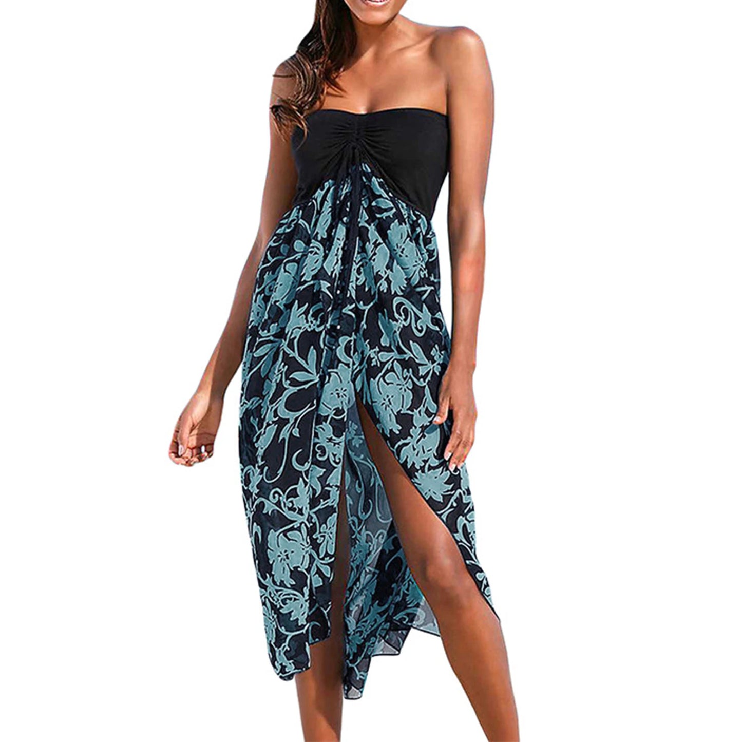 Women Summer Boho Printed Asymmetric Midi Dress Causal Drawstring Ruched Wrap Dress Cocktail Party Beach A-Line Dresses