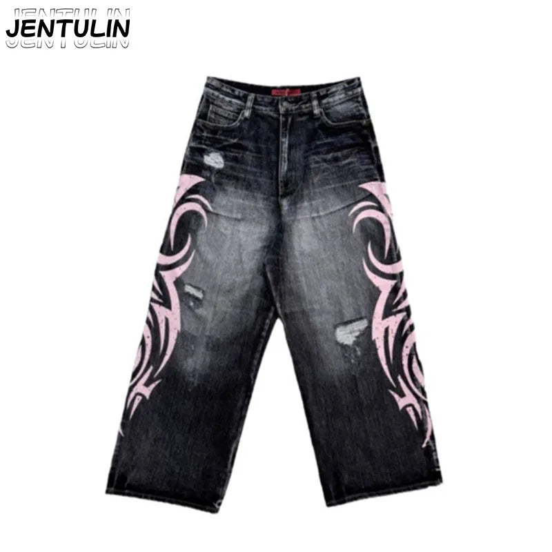 Y2K Women Baggy jeans Retro Harajuku Distressed  Ripped Wide Leg Cropped Pant High Street Rock Hip Hop Printed Men Clothing Jean