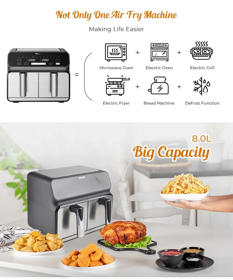 New Dual Basket Double Pot Visual Drawer Oil-Free Smokeless Non-Stick visible window Electric Air Frying Fryer