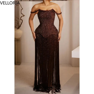 Brown Tassel Evening Dress African Woman Sexy Off-Shoulder Beaded Bustier Prom Gown Elegant Floor-Length Party Dress Customized