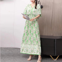 Summer Poplin Dresses Women Round Neck Puff Short Sleeve A Line Print Dresses Ethnic Style Tight High Waist Long Dress 2023