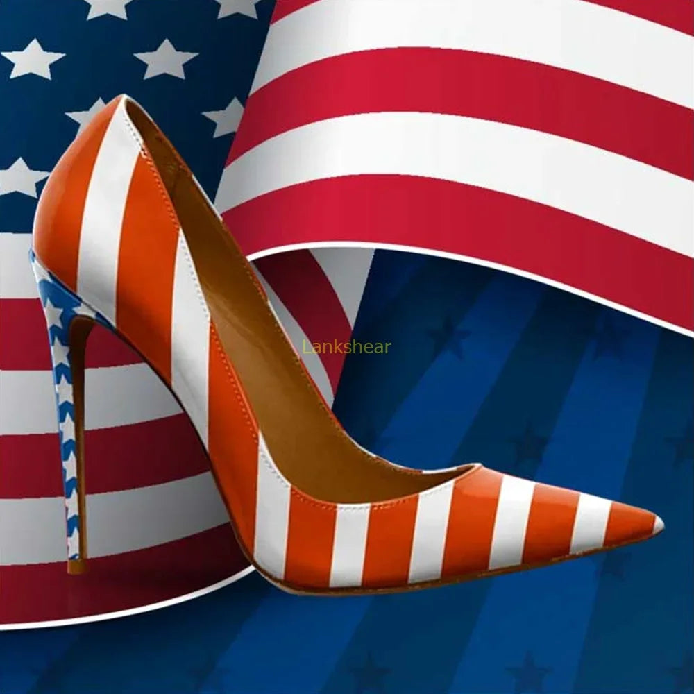 American Flag Prints Pointed Toe Pumps Sexy Thin Heel Mixed Colors Slip On New Arrivals Fashion Women High Heels