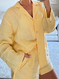 HH 2025 Casual Women Linen Shirt Shorts Sets Summer Lapel Single-Breasted Long Sleeves Shirt Top+Elastic Waist Pocket Shorts