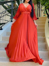 Sexy V-Neck Pleated Dinner Party Dress Women Yellow Elegant  with Belt Long Sleeve Robe Femme African Maxi Red Vestido