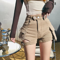 High Waisted Cargo Shorts Khaki Chic Pockets Jeans Shorts Sexy Girl Summer Clothes for Women