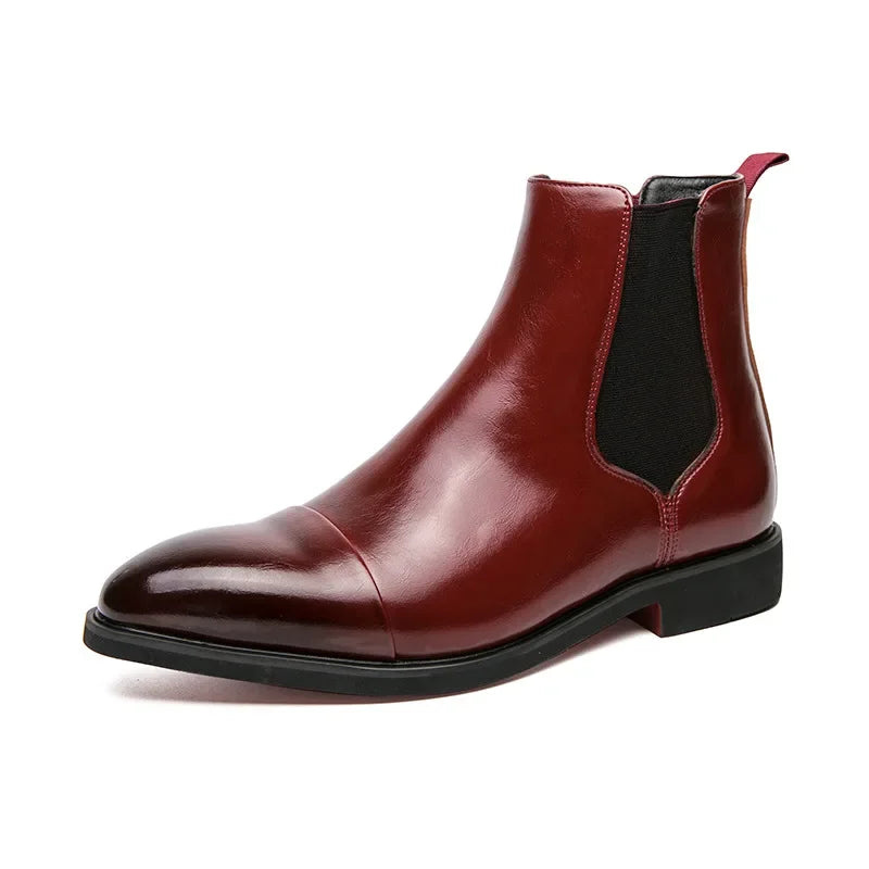 Men's Boots Business Ankle Boots Red Sole Pointed Toe Dress Boots British High Top Leather Shoes Slip-On Casual Men Chelsea Boot