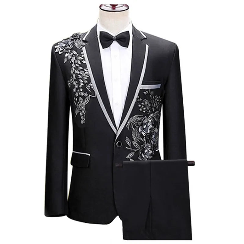(Jacket+Pants) Men Fashion Wedding Banquet Party Flower Suits Singer Pianist Stage Performance Splicing Dress Blazer and Trouser