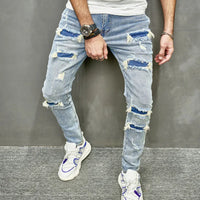 Street Stylish Men Holes Patch Skinny Pencil Jeans Pants Male Ripped Solid Slim Denim Trousers For Men's
