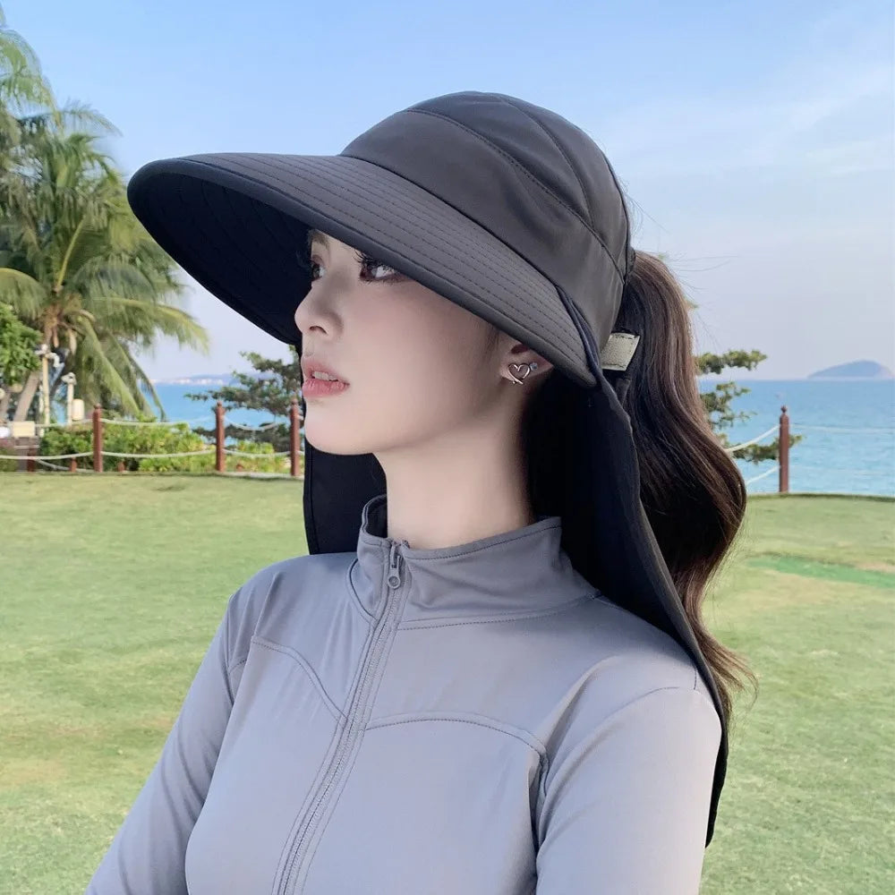 Fashion Summer Women Sun Hat Empty Top 50+ UPF Wide Brim Bucket Hat UV Protection Fishing Cycling Neck Cover Cap Ladies/Girls