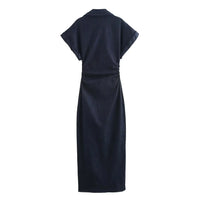 ETJ 2025  Spring New 1975 series denim MIDI dress with lapel side zipper fashion wrinkle waist slim elegant dress
