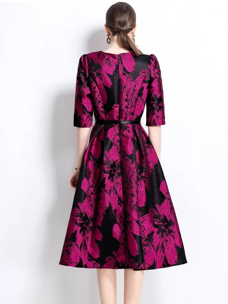 New Spring  French Temperament Elegant Jacquard Exquisite Dress Women's O-Neck Half Sleeve Slim Waist Dresses