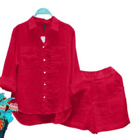 2025 Women Shirt Shorts Set Loose Irregular Hem Lapel Long Sleeves Shirt Top Elastic Waist Wide Leg Shorts Female Summer Outfit
